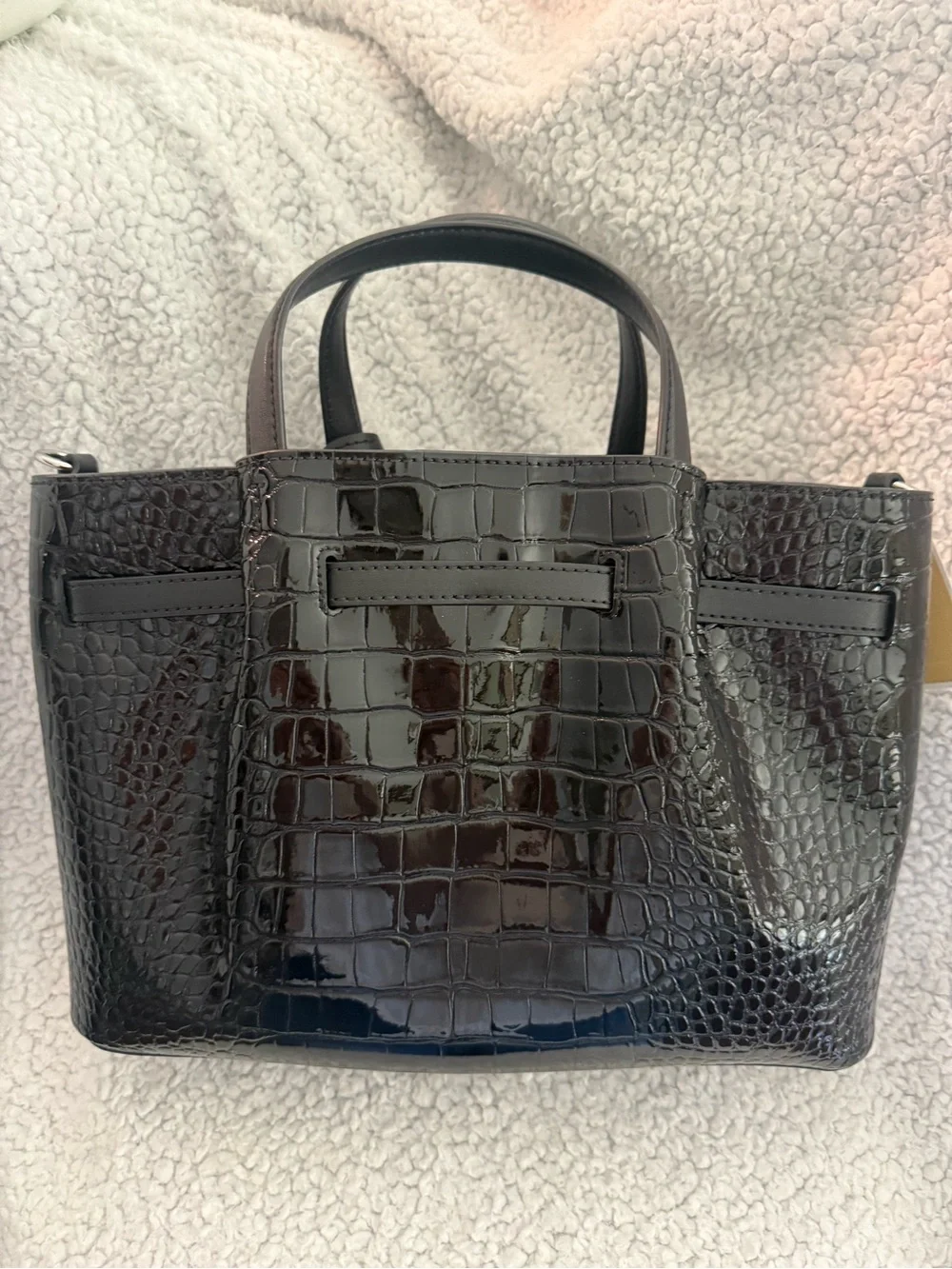 Michael Kors Black Patent Croc-Embossed Tote with MK Charm